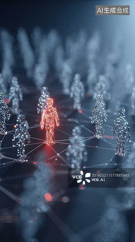 【AI数字艺术】互联数字网络蓝线连接红色人物中心网红抽象商业背景社交媒体参与人才发现在线社区构建图片素材
