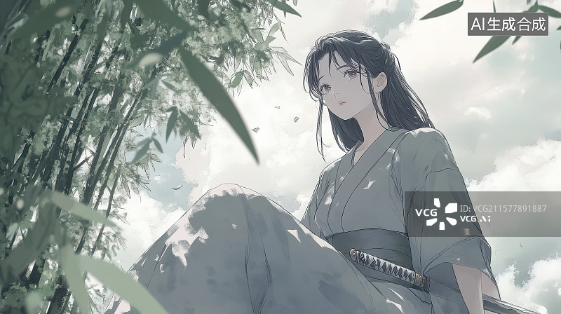 【AI数字艺术】​​持剑女子静坐竹林古风意境​​图片素材
