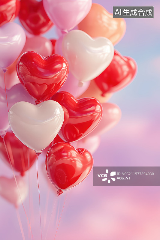 【AI数字艺术】多彩心形气球漂浮在柔和天空中图片素材