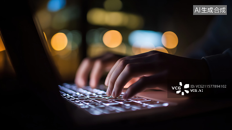 【AI数字艺术】夜晚灯光下双手敲击键盘图片素材