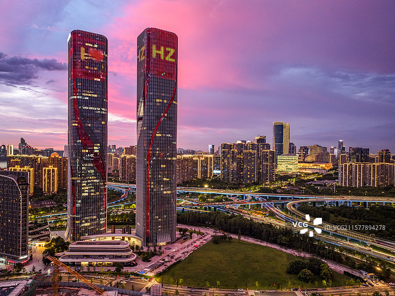 杭州智慧之门霞光图片素材