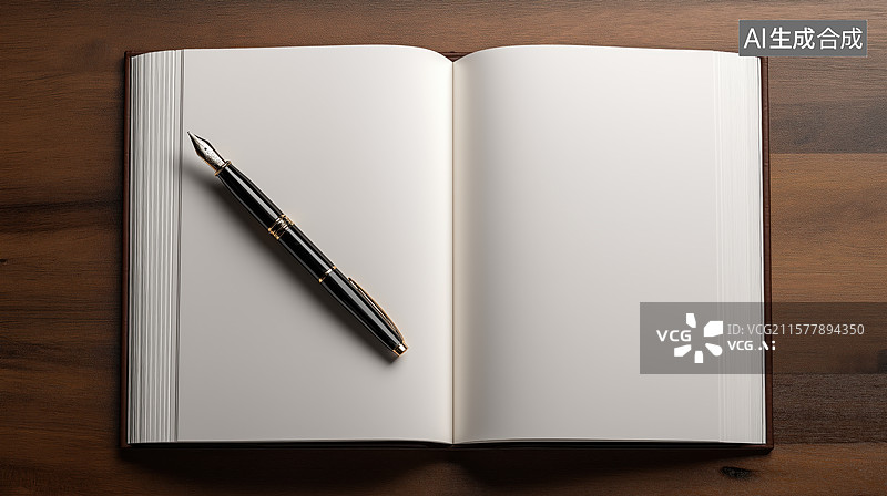 【AI数字艺术】空白笔记本与钢笔静置木质桌面图片素材