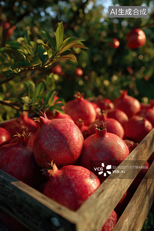 【AI数字艺术】木箱中的新鲜石榴图片素材
