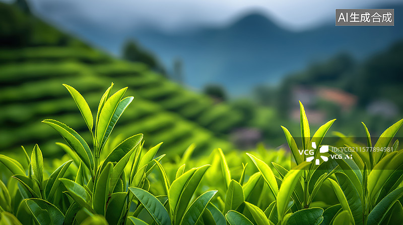【AI数字艺术】翠绿茶园梯田，远山云雾缭绕图片素材