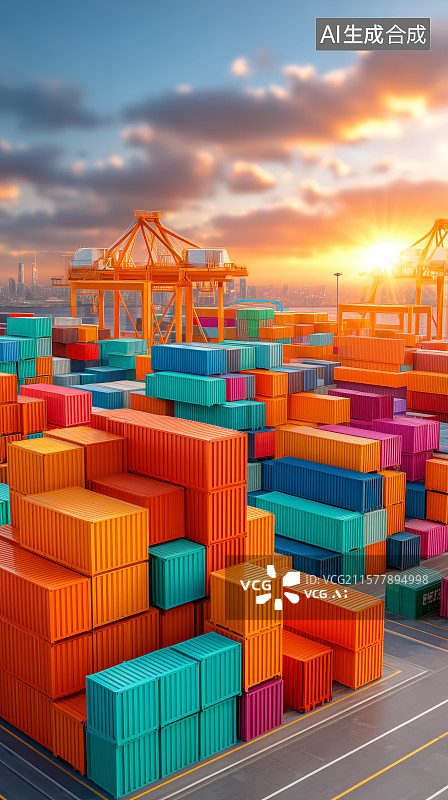 【AI数字艺术】集装箱堆场的日落景象图片素材