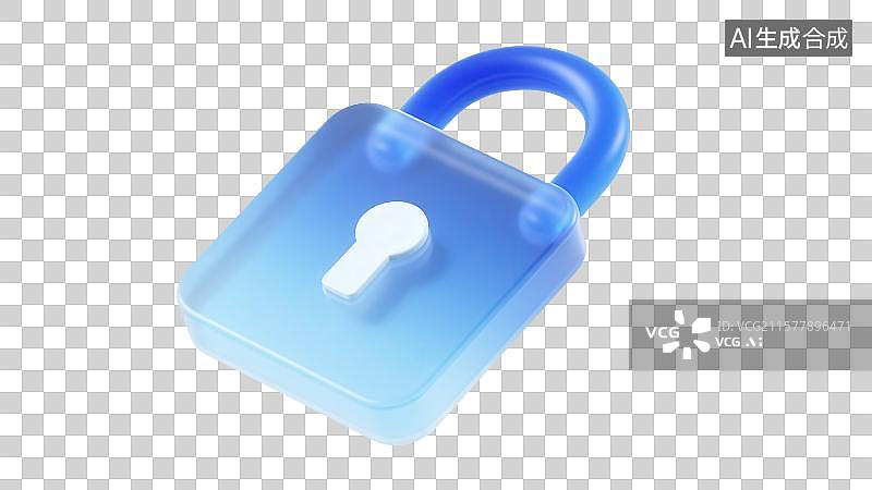 【AI数字艺术】3D渲染免抠图形元素蓝白色透明磨砂质感锁头图标图片素材