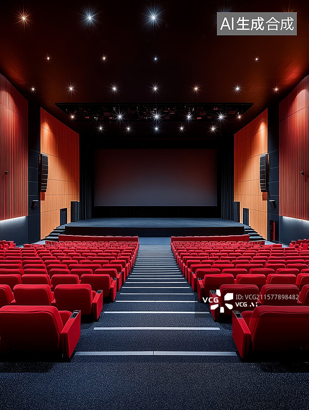 【AI数字艺术】空旷的现代IMAX影院巨幕放映厅空座位图片素材