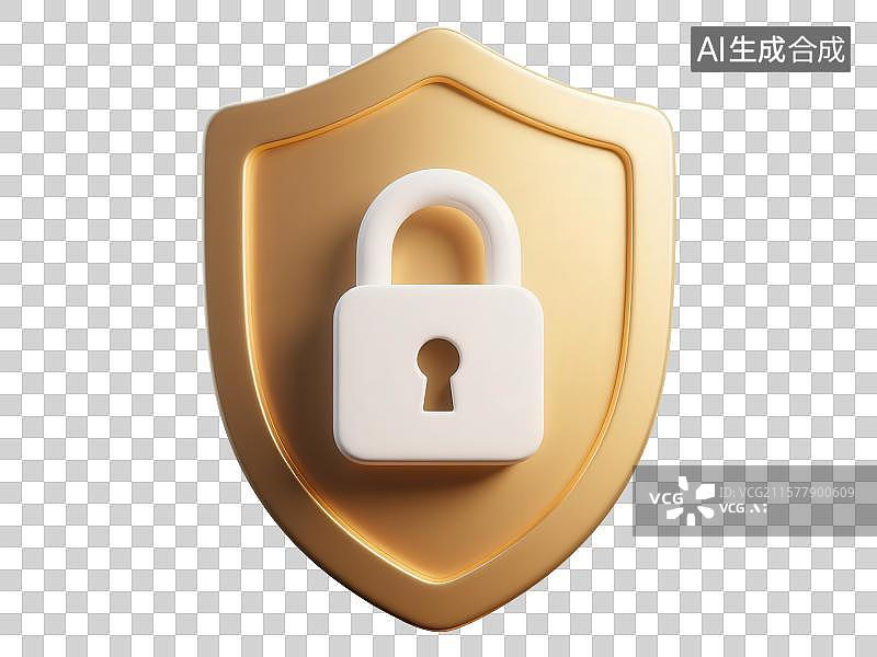 【AI数字艺术】3D渲染免抠图形元素金色盾牌和白色锁头图片素材