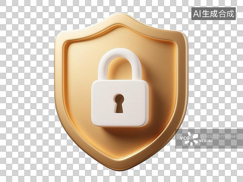 【AI数字艺术】3D渲染免抠图形元素金色盾牌和白色锁头图片素材