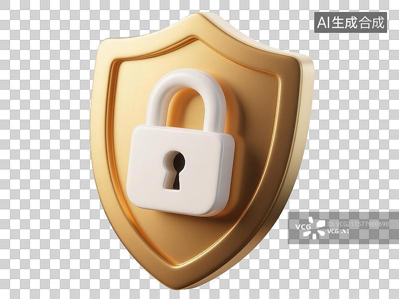 【AI数字艺术】3D渲染免抠图形元素金色盾牌和白色锁头图片素材