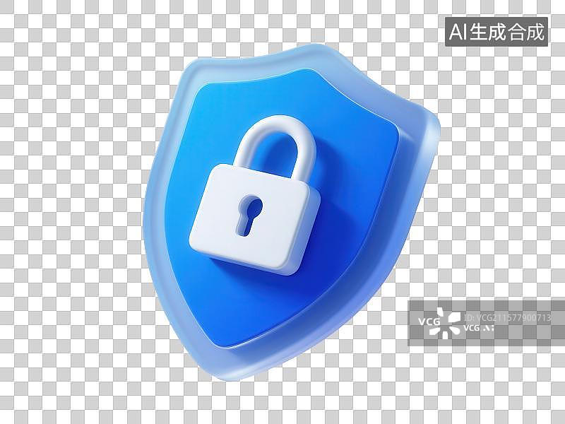 【AI数字艺术】3D渲染免抠图形元素蓝色盾牌和白色锁头图片素材