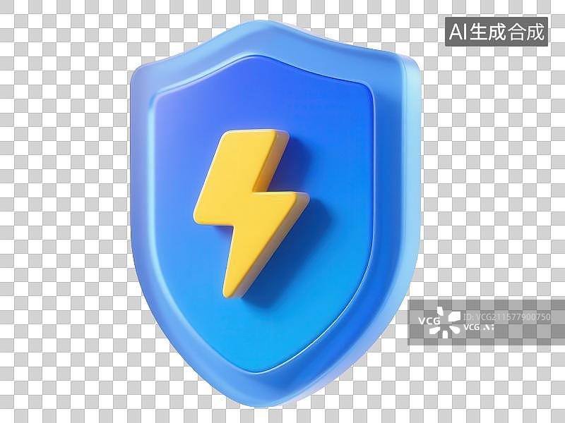 【AI数字艺术】3D渲染免抠图形元素蓝色盾牌和黄色闪电雷电符号图片素材