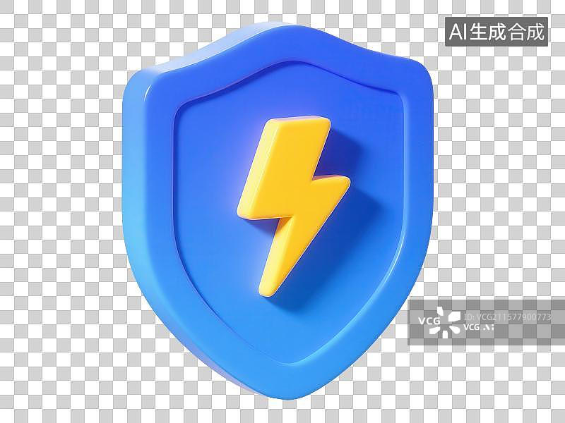 【AI数字艺术】3D渲染免抠图形元素蓝色盾牌和黄色闪电雷电符号图片素材