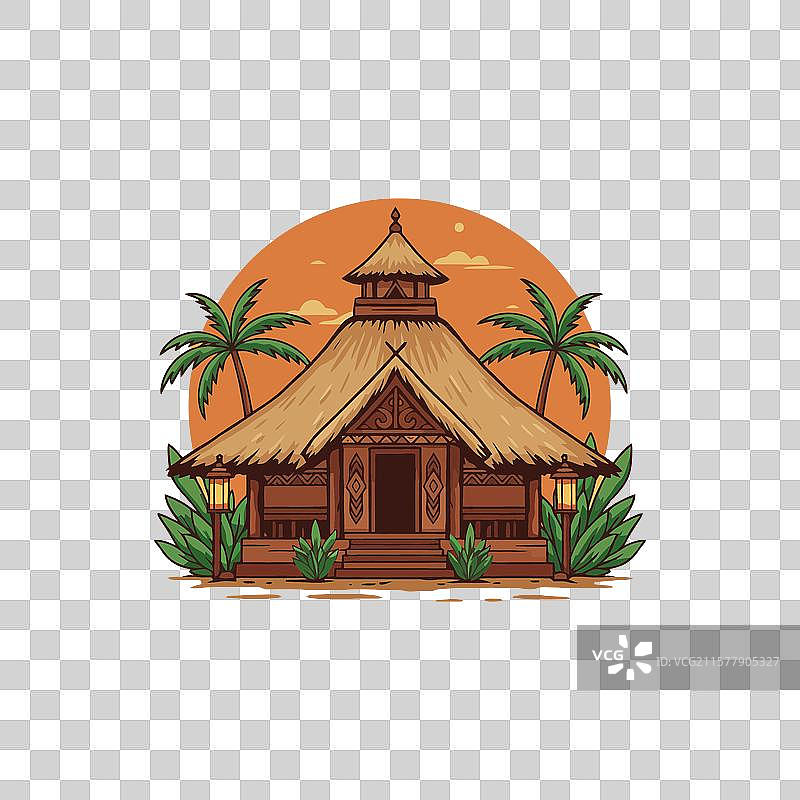 热带房屋，茅草屋顶和棕榈树图片素材