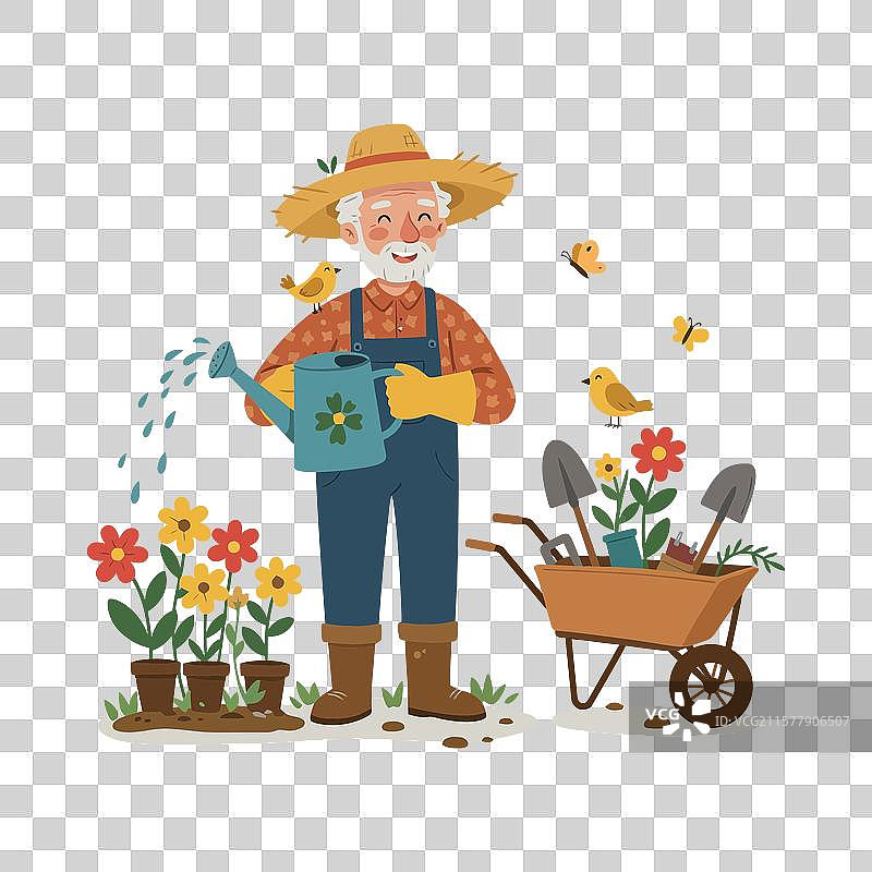 园丁在浇灌花朵，周围有鸟儿。图片素材
