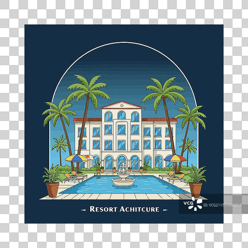 热带度假村建筑与游泳池图片素材