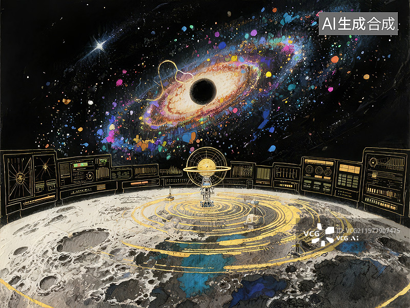 【AI数字艺术】月球表面的科技观测站与星系图片素材
