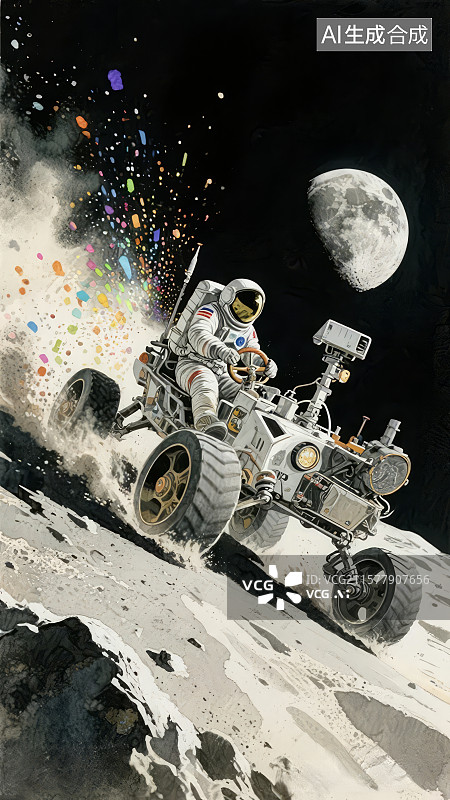 【AI数字艺术】宇航员驾驶月球车探索月面图片素材