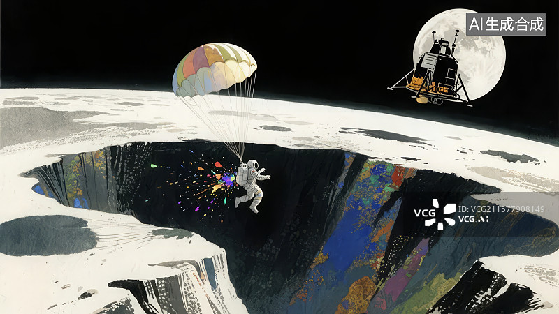 【AI数字艺术】宇航员月球探险，降落伞与登月舱图片素材
