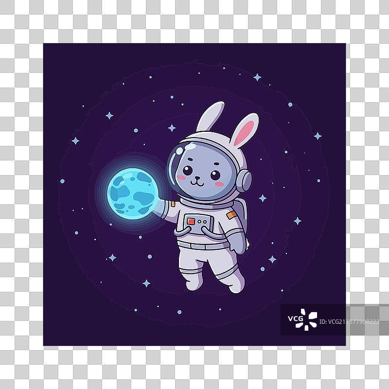 宇航员兔子在太空中漂浮，手里拿着一个图片素材