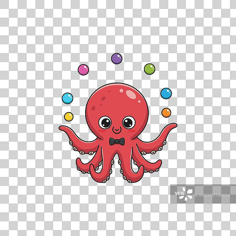 卡通章鱼在玩杂耍，手里 juggling 五颜六色的球。图片素材