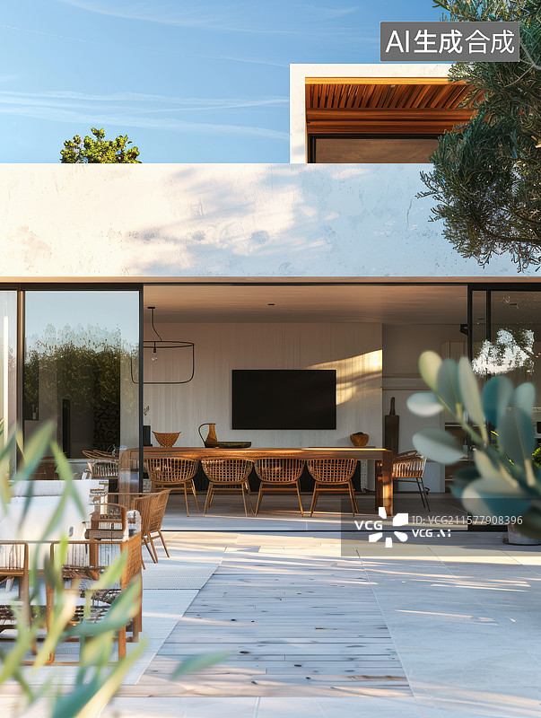 【AI数字艺术】光韵漫溯：现代极简别墅的阳光庭院图片素材