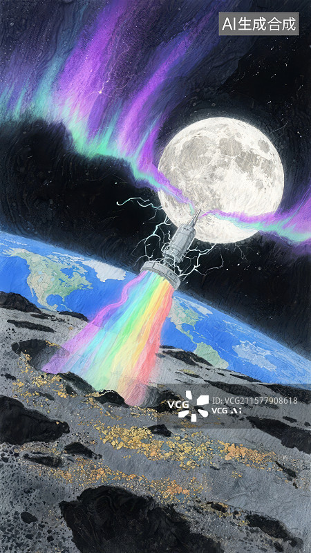 【AI数字艺术】月球彩虹与极光图片素材