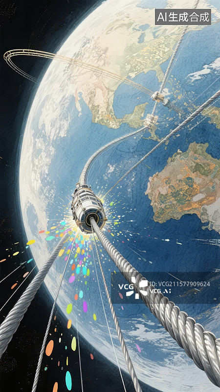 【AI数字艺术】地球与太空电梯的未来连接图片素材