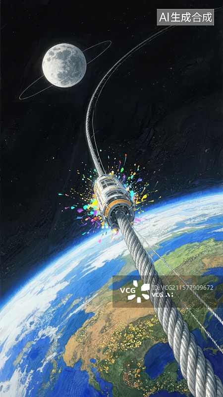 【AI数字艺术】太空电梯连接地球与月球图片素材