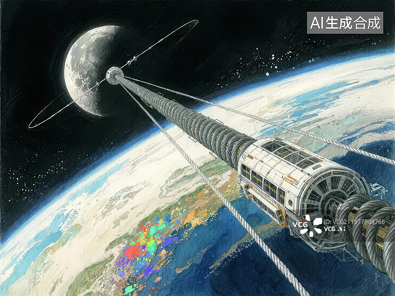 【AI数字艺术】太空电梯连接地球与月球图片素材
