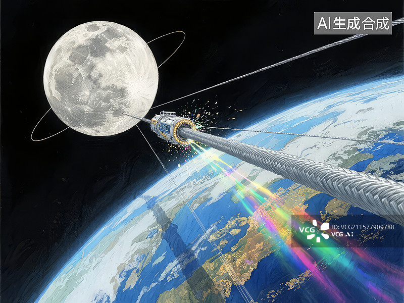 【AI数字艺术】太空电梯连接地球与月球图片素材