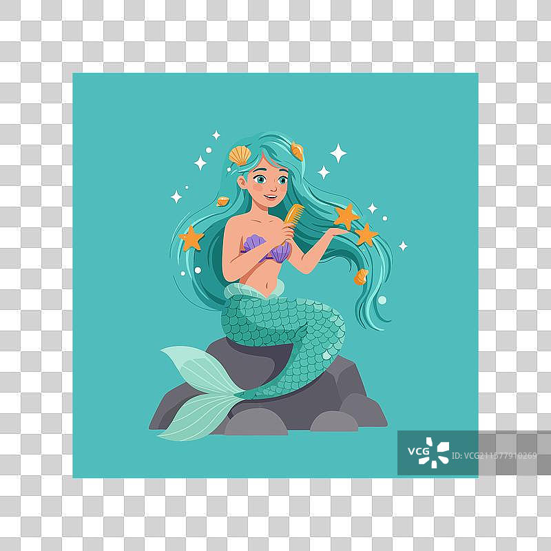 美人鱼用海洋配饰梳理头发的卡通形象图片素材