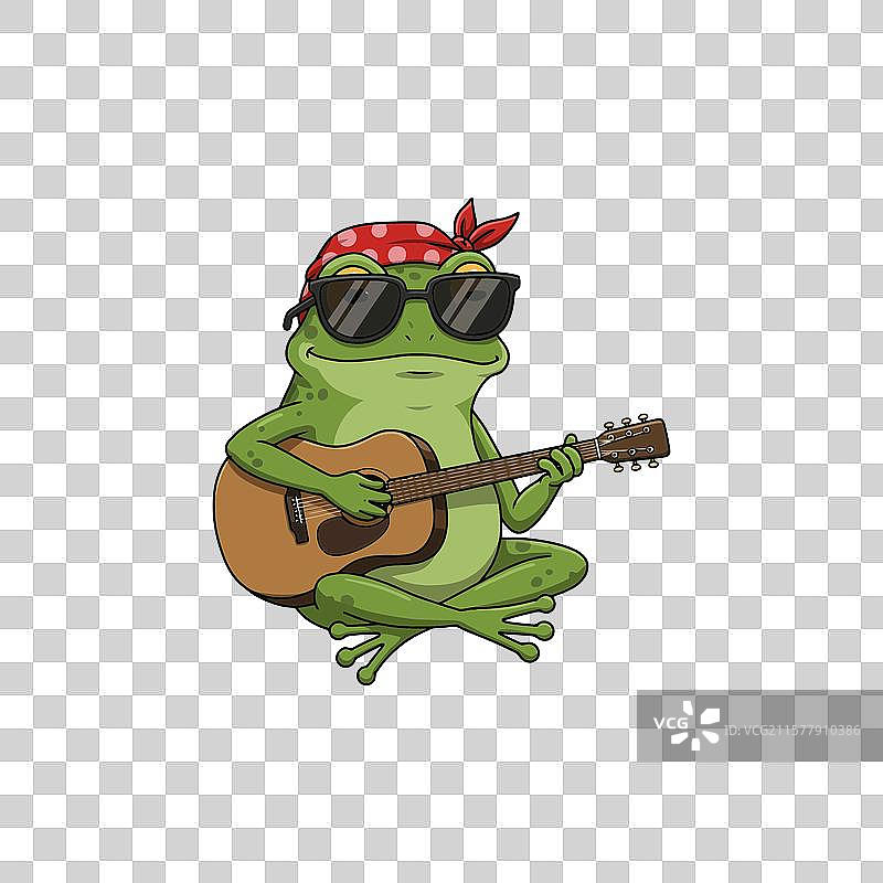 绿色青蛙穿着衣服弹奏木吉他图片素材