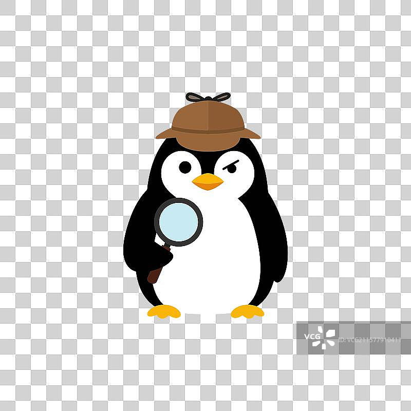 侦探企鹅卡通角色正在调查图片素材