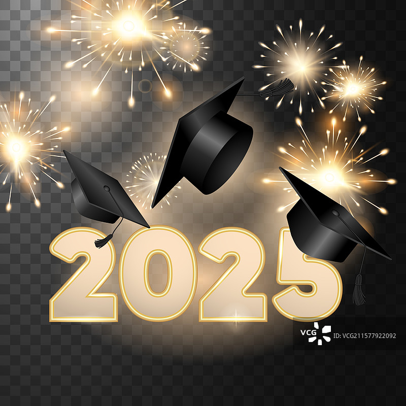 节日庆祝的毕业典礼，金色的2025字样飞舞图片素材