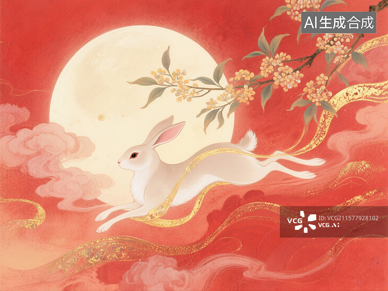 【AI数字艺术】中国风手绘插画，中秋节的玉兔和月亮，桂花，满月，兔子，壁纸，背景图，场景图图片素材