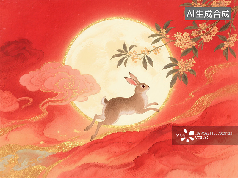 【AI数字艺术】中国风手绘插画，中秋节的玉兔和月亮，桂花，满月，兔子，壁纸，背景图，场景图图片素材
