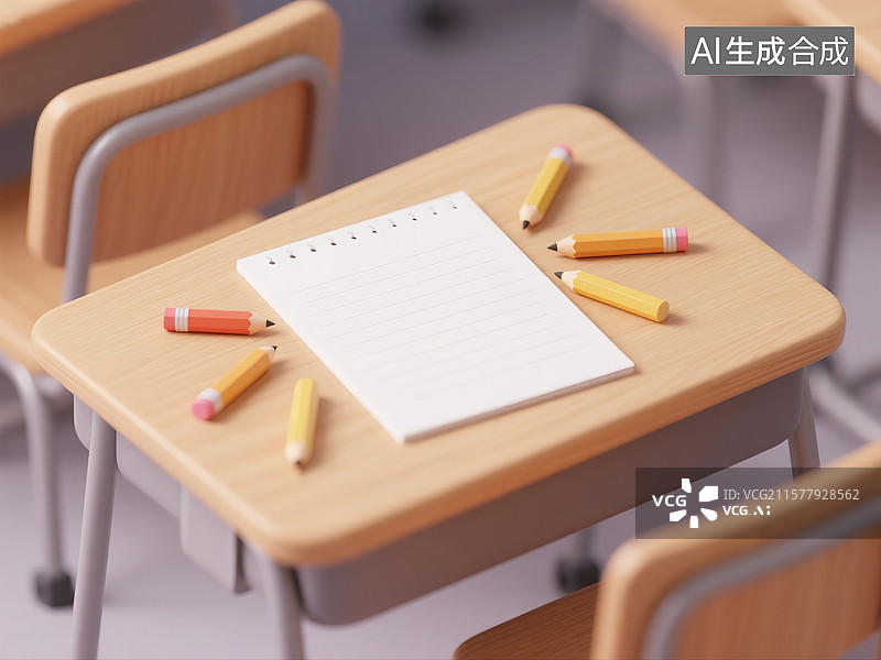 【AI数字艺术】3D渲染，教室课桌上的纸和笔，开学季，开学，高考冲刺，考试，学习，复习，青春校园生活概念场景图图片素材