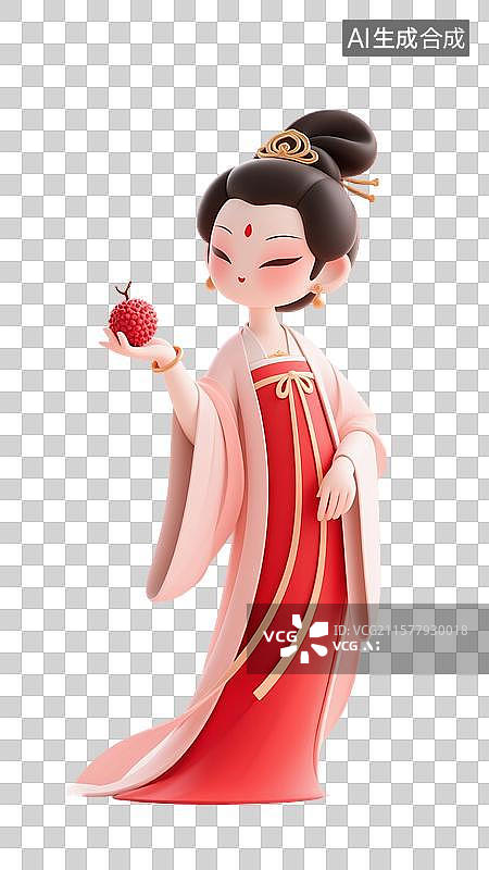 【AI数字艺术】3D渲染古代卡通人物，杨贵妃吃荔枝，唐朝美女，传统服饰，汉服，杨玉环，一骑红尘妃子笑，无人知是荔枝来图片素材