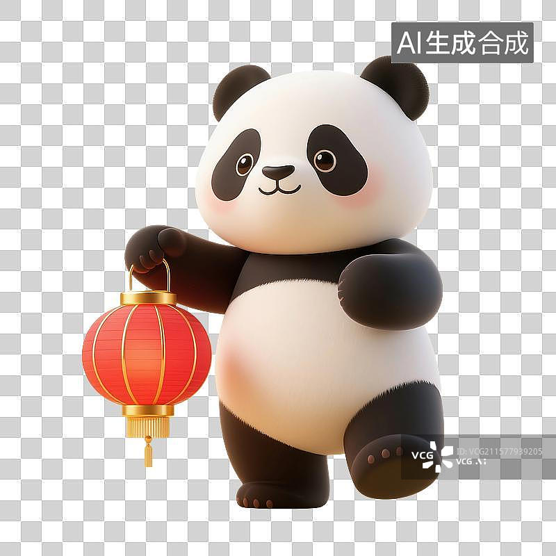 【AI数字艺术】3D渲染，拿着红色灯笼的可爱卡通大熊猫，熊猫，国宝，春节，新年，国庆节，中秋节，元宵节，免抠元素图片素材