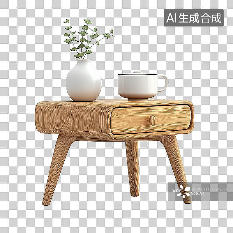 【AI数字艺术】简约木质边桌配花瓶与杯子图片素材