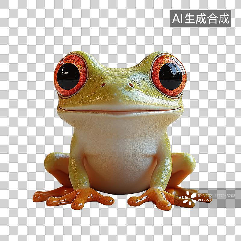 【AI数字艺术】绿色青蛙，橙色眼睛，坐姿可爱图片素材