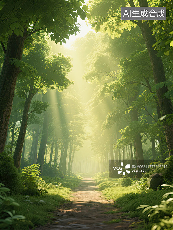 【AI数字艺术】森林，小路，阳光，丁达尔效应，插画图片素材