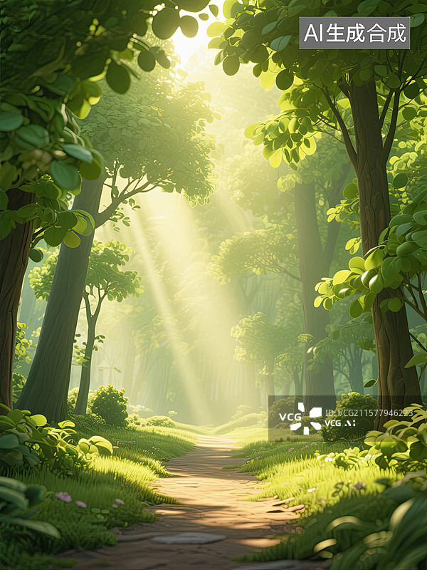 【AI数字艺术】森林，小路，阳光，丁达尔效应，插画图片素材