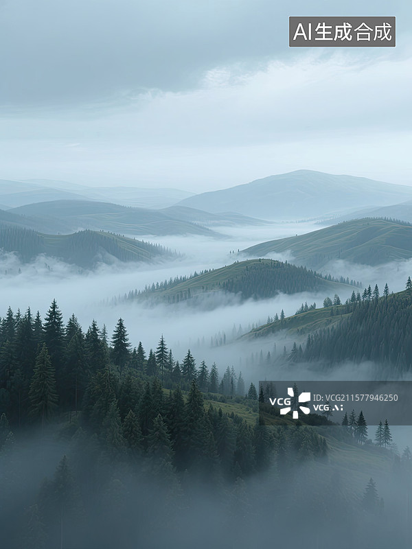 【AI数字艺术】森林，云雾缭绕，层峦叠嶂，插画，3D图片素材