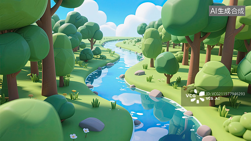【AI数字艺术】森林，河流，蓝天白云，风景，插画图片素材
