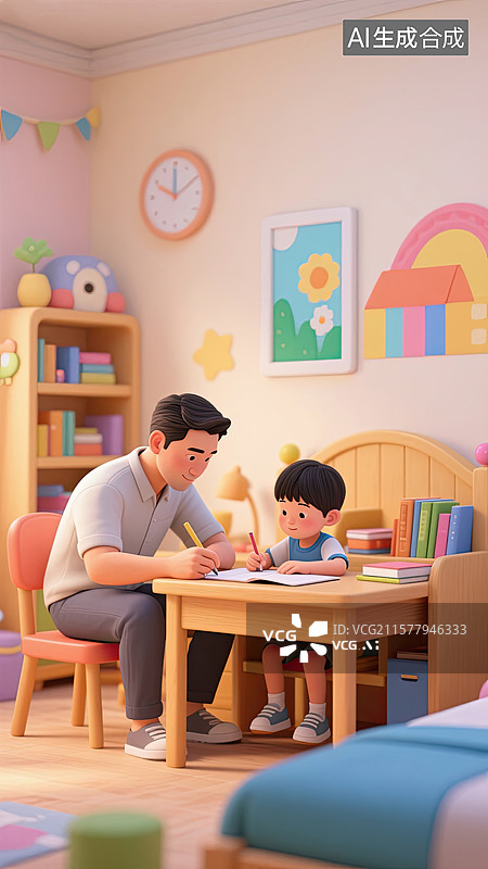 【AI数字艺术】3D，爸爸，辅导作业，孩子，插画图片素材