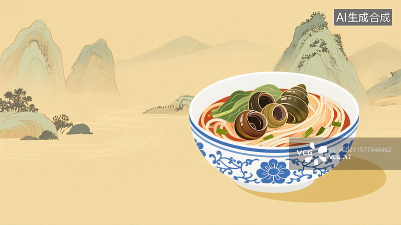 【AI数字艺术】螺蛳粉山水背景插画图片素材