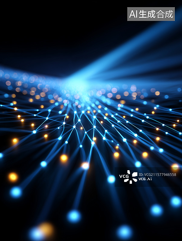 【AI数字艺术】黑色背景下的蓝色科技感光纤通讯发光料子图片素材