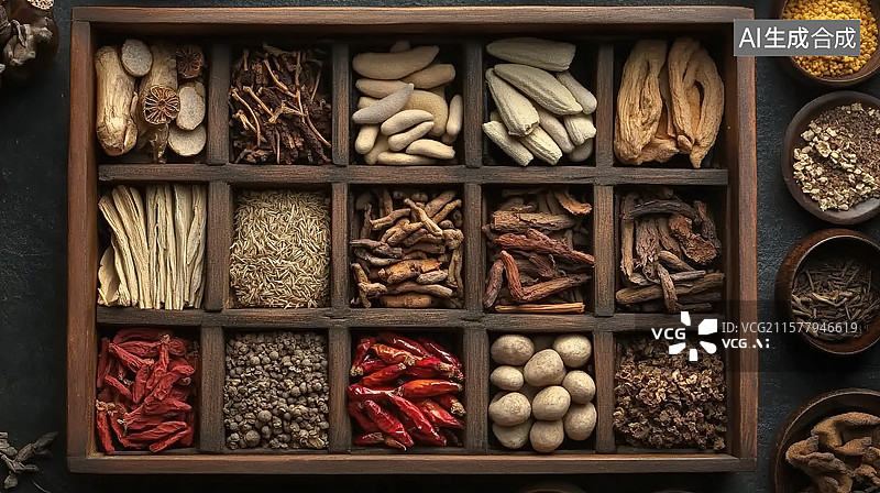 【AI数字艺术】放在中药盒里的许多中药药材——药食同源概念图片素材